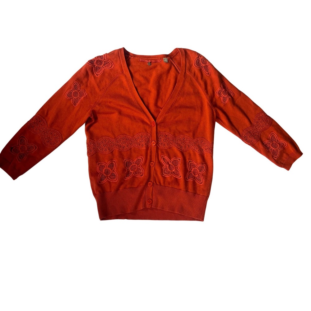 Anthropologie Knitted & Knotted Orange Floral‎ Crochet Cut Out 3/4 Sweater